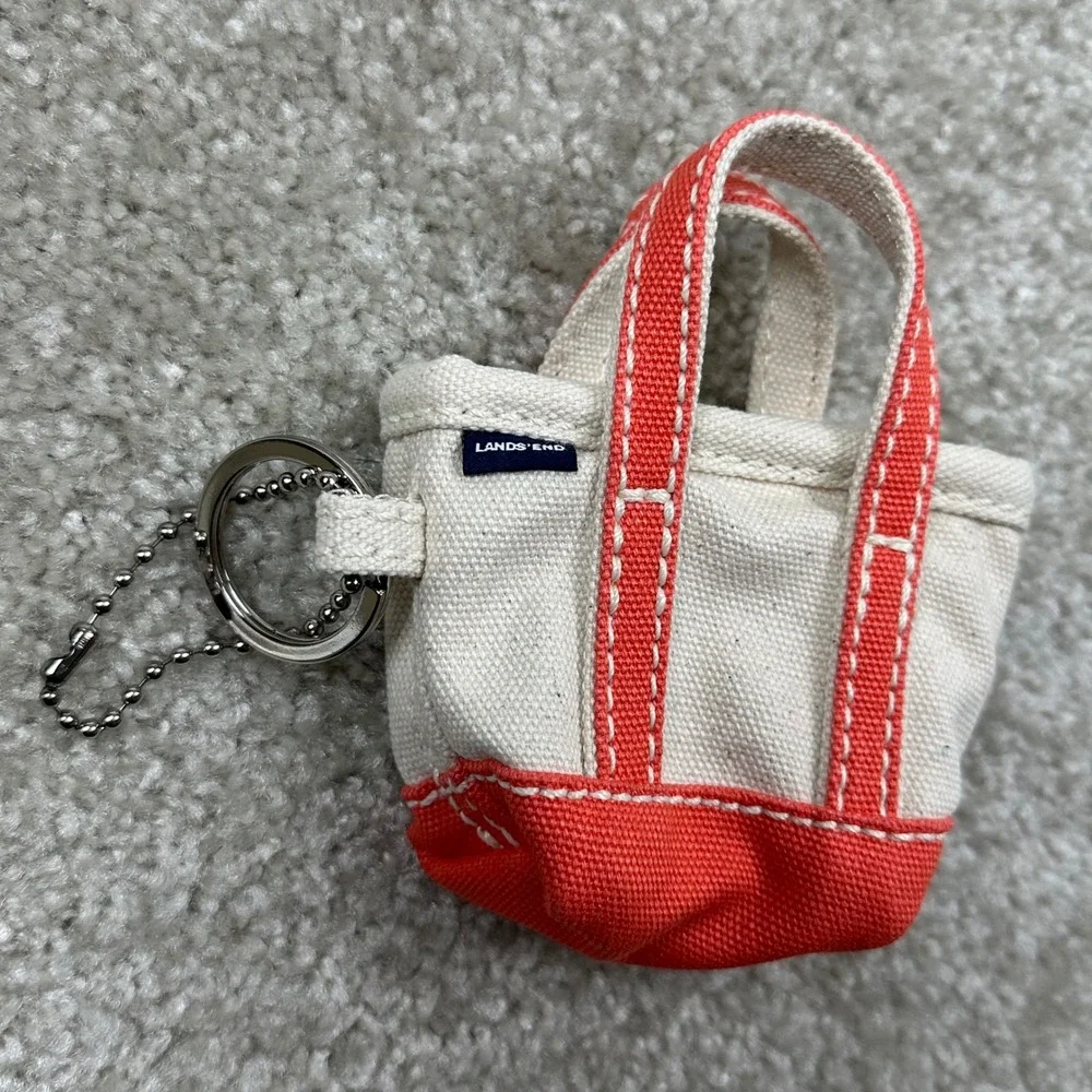 Lands End Mini Canvas Tote Bag Keychain Natural Coral Bliss Zippered Bag Charm